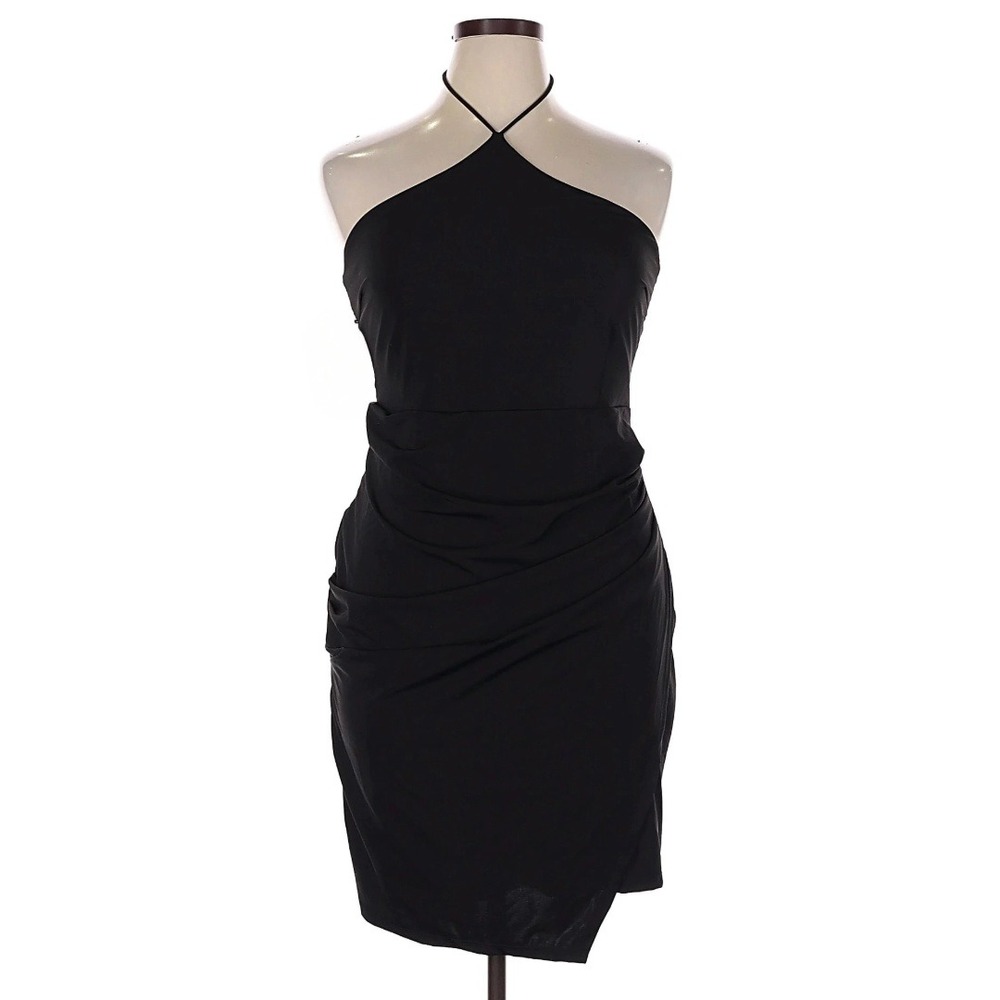 Klassy Network Black Halter Tie Brami Ruched Mini Dress Bodycon Asymmetric LBD
